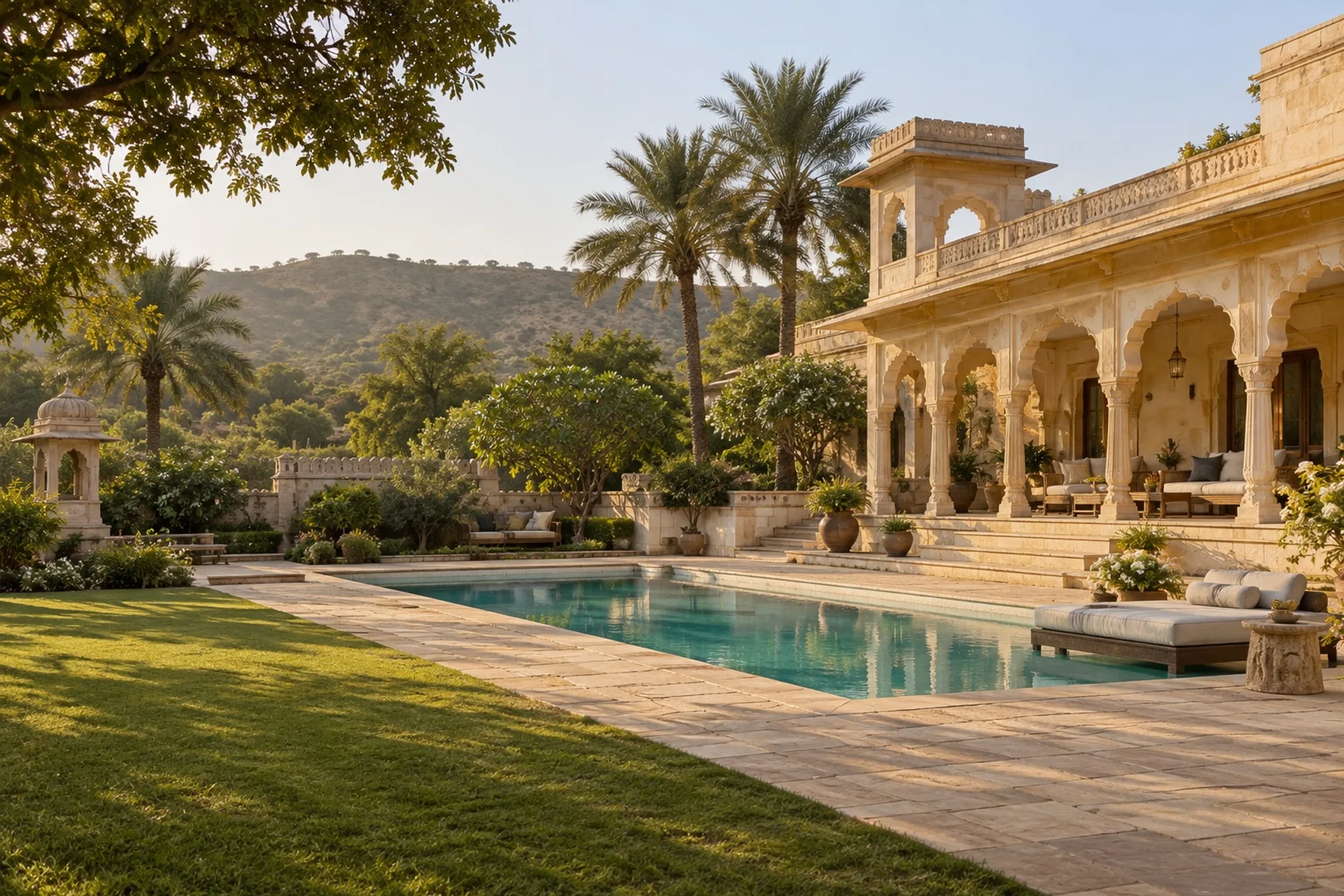 Warm sandstone estate with a garden and pool, an atmospheric reference for a countryside escape